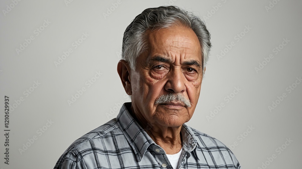 Fototapeta premium elderly hispanic male in casual wear on white background model portrait looking serious for ad concept space for text