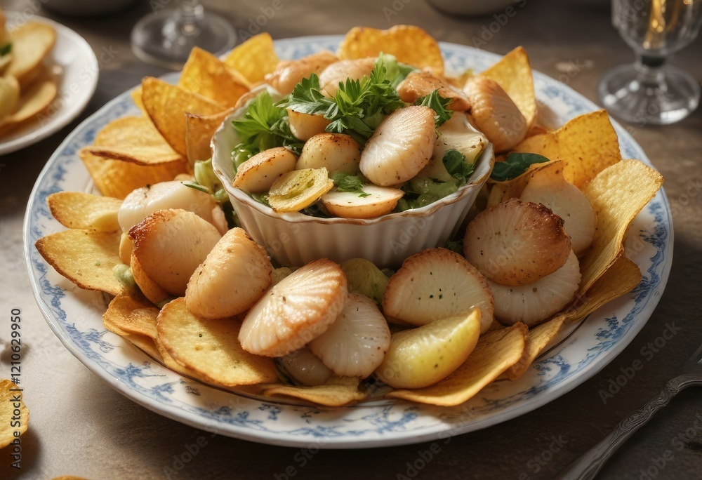 A steaming hot basket of succulent scallops and crunchy potato chips served on a fine china plate , succulent, A steaming hot basket of succulent scallops and crunchy potato chips served on a fine china plate , succulent,