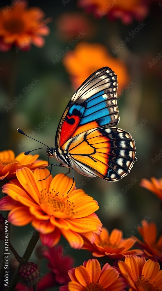 Fototapeta premium Colorful butterfly sitting on bright flowers, insect