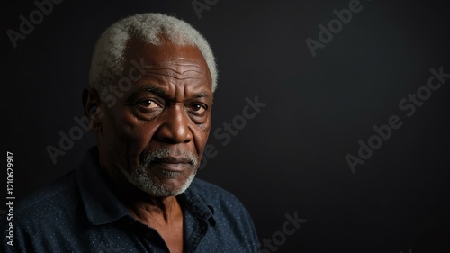 elderly african male in casual wear on black background model portrait looking serious for ad concept space for text