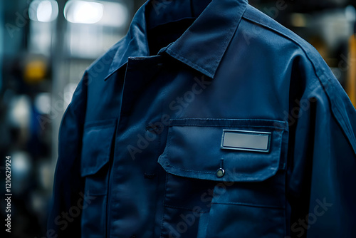 A navy blue mechanic uniform mockup, complete with a name badge, ideal for workwear or industrial branding.