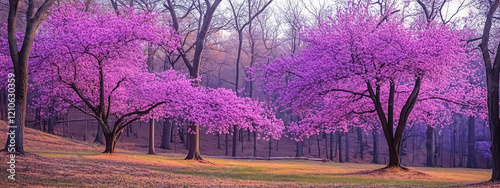 A scenic view of redbud trees in full bloom with vibrant purple flowers, creating a cheerful and lively spring banner