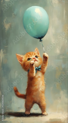 Adorable ginger kitten joyfully holding a blue balloon with a playful expression