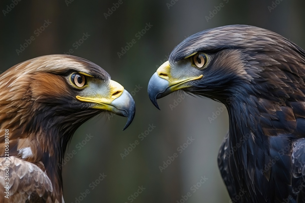 Two golden eagles staring at each other in the wilderness Two golden eagles staring at each other in the wilderness