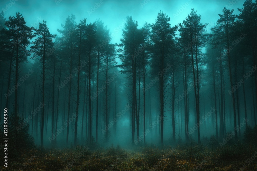 Obraz premium A dense fog fills the forest, surrounded by towering trees