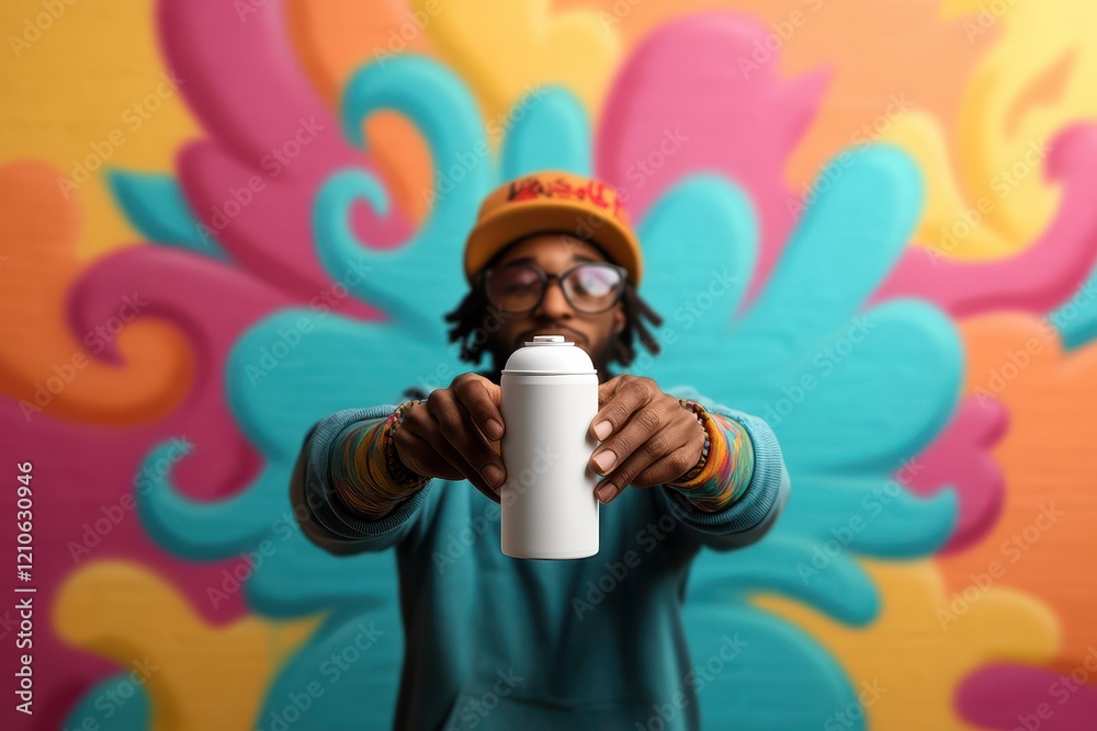 Creative artist showcasing a white spray can in front of vibrant mural at street art festival in urban city Creative artist showcasing a white spray can in front of vibrant mural at street art festival in urban city