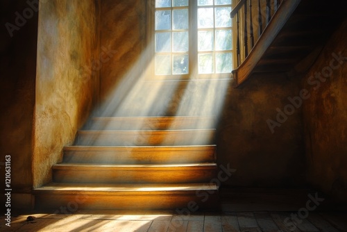 Light beams streaming through a window in an old wooden staircase area during...