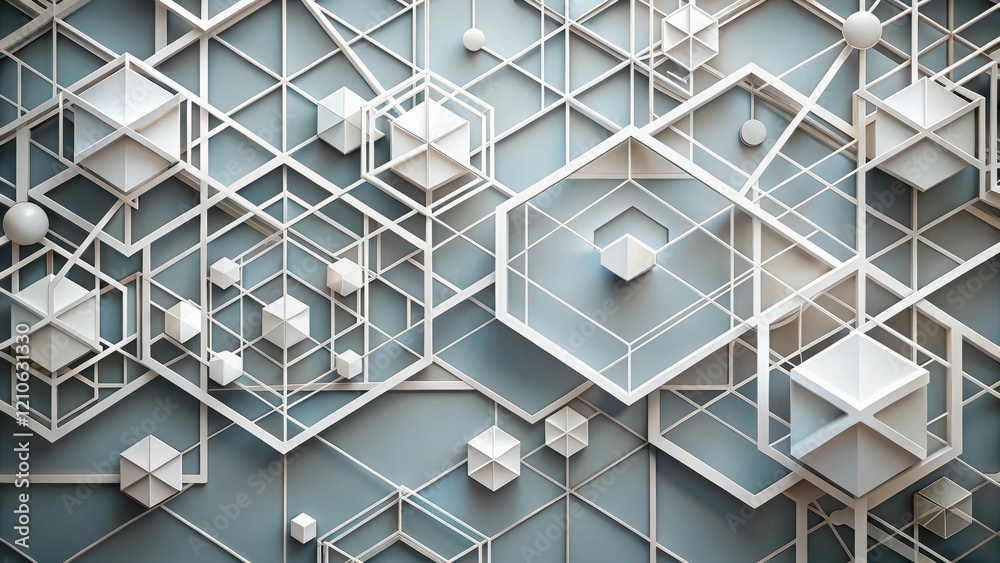 Obraz premium A stylized abstract design featuring interconnected white geometric shapes in different sizes and patterns, modern, shape