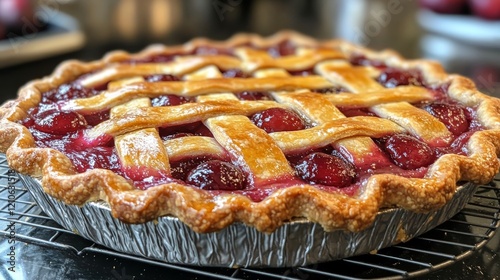 Freshly baked cherry pie cooling on a wire rack in a kitchen setting
