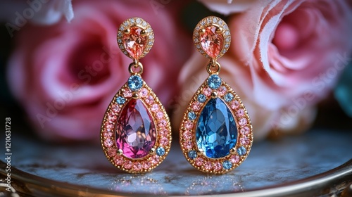 Elegant dangling earrings with pink and blue gemstones surrounded by roses