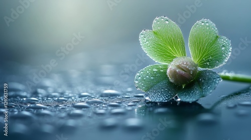 Close-up of dew-covered four-leaf clover glistening under morning light