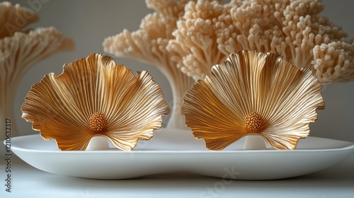 Decorative golden floral sculptures placed on a white ceramic plate against a...
