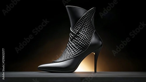 Elegant black high-heeled ankle boot showcasing unique design in dramatic lig...