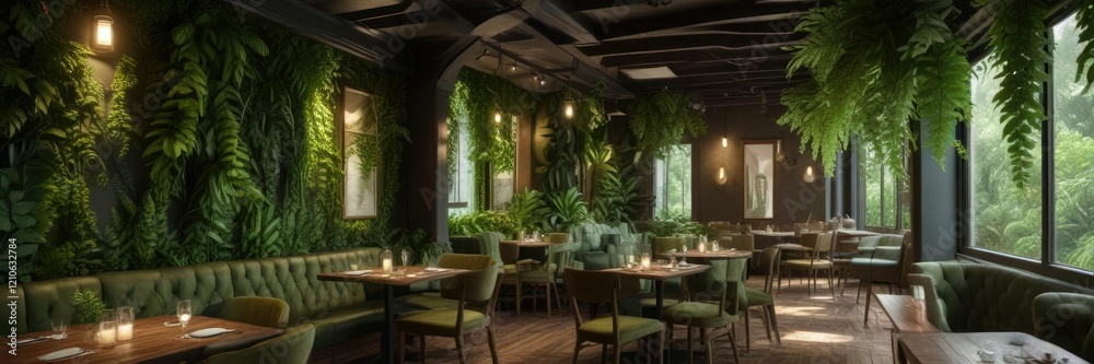 Obraz premium A tranquil restaurant features lush green walls and ceilings adorned with a variety of ferns, white furniture, natural beauty