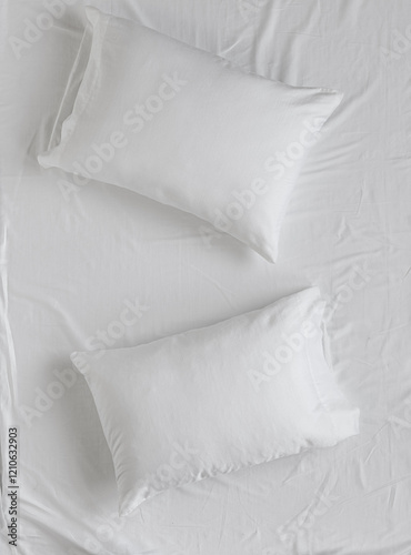 Two white pillows rest on a slightly wrinkled white bedsheet, creating a soft and minimalistic composition
