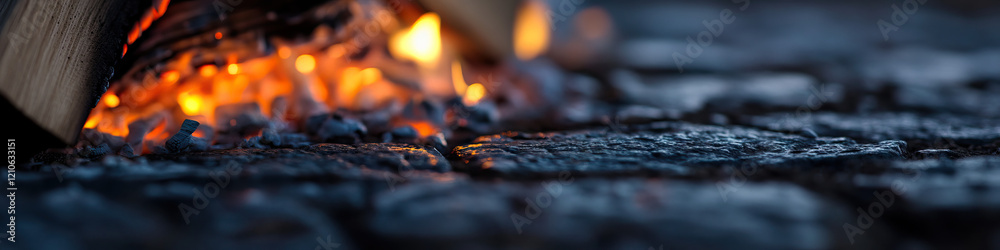 Burning Wood and Embers on Stone Surface Burning Wood and Embers on Stone Surface