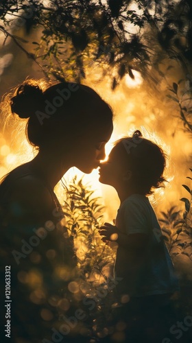 Mother and child sharing a tender moment during sunset surrounded by nature