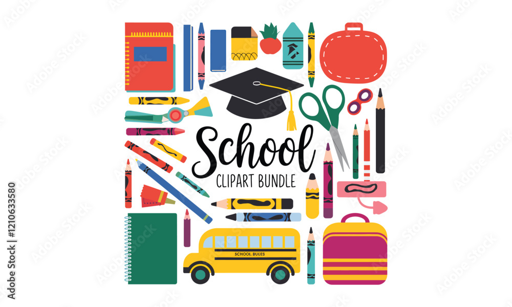 Fototapeta premium School Clipart Bundle Pencils, Crayons, Notebooks, Backpacks, and Graduation Cap