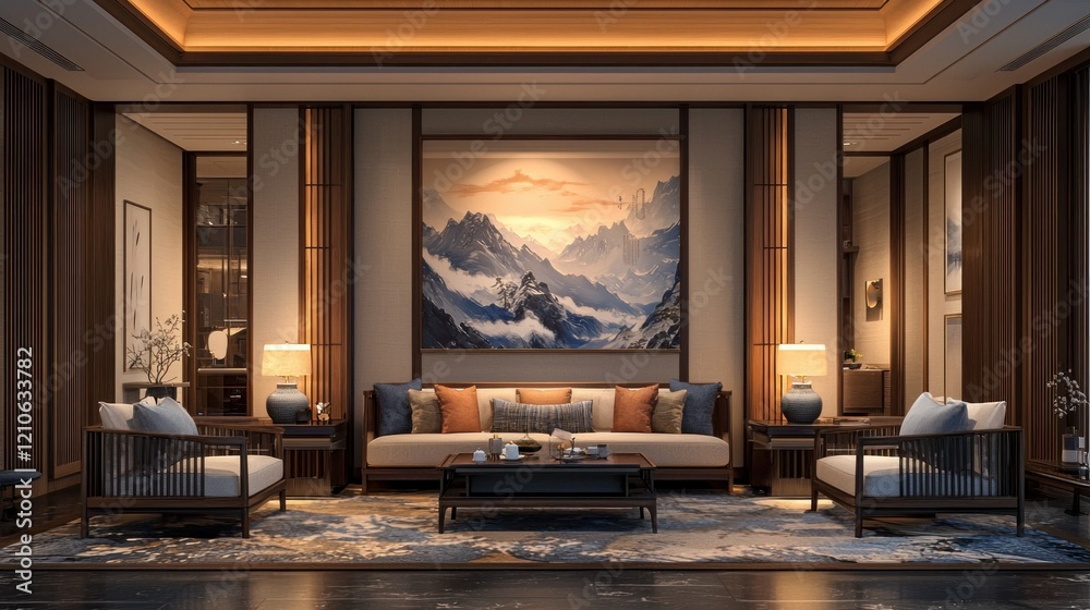 Fototapeta premium Luxurious Asian-style living room interior, night scene, mountain art, hotel design