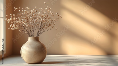 Simple vase with dried flowers in a sunlit room creates a cozy atmosphere