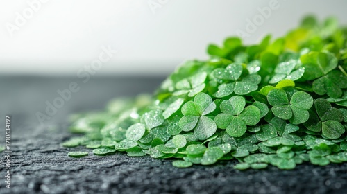 Fresh green clover leaves scattered on a dark surface in natural light