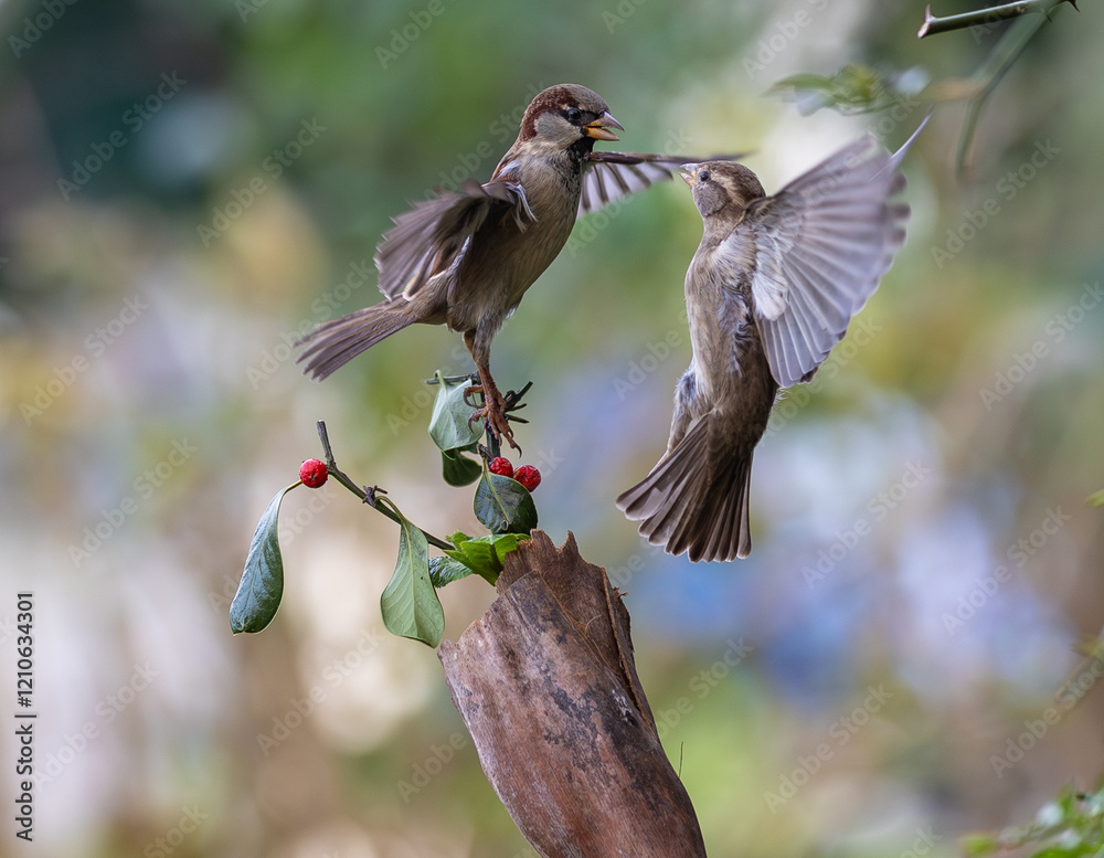 In winter, disputes over food offer excellent postures for birds, such as sparrows.