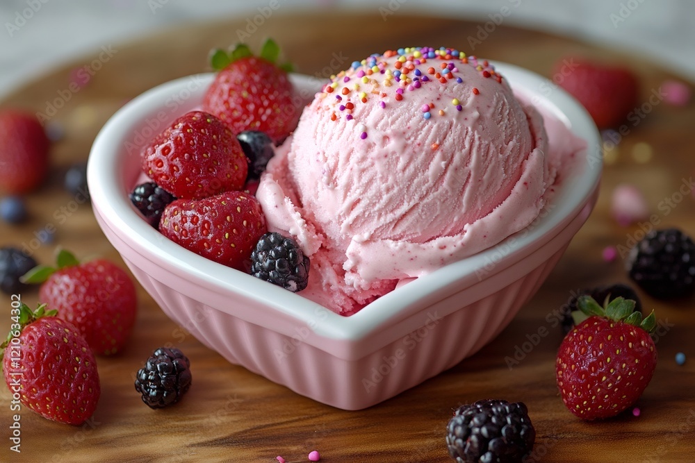 Heart-shaped bowl of strawberry ice cream with fresh berries and sprinkles sitting on wooden table Heart-shaped bowl of strawberry ice cream with fresh berries and sprinkles sitting on wooden table