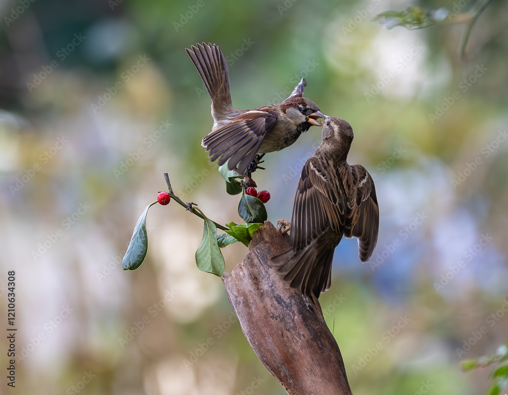 In winter, disputes over food offer excellent postures for birds, such as sparrows.