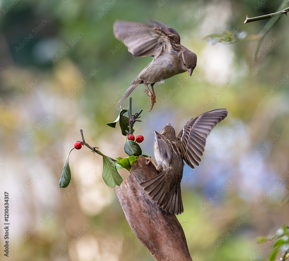 In winter, disputes over food offer excellent postures for birds, such as sparrows.