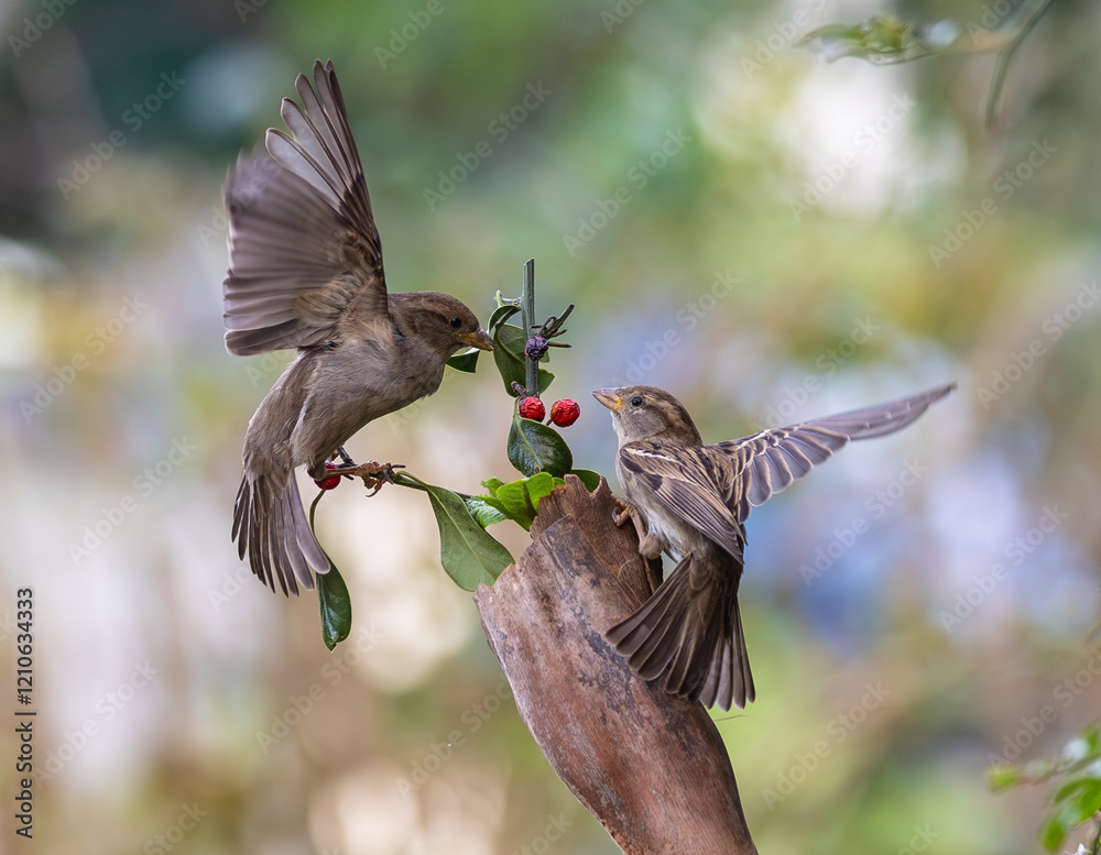 In winter, disputes over food offer excellent postures for birds, such as sparrows.