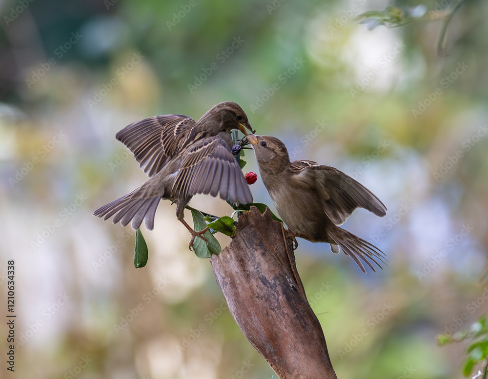 In winter, disputes over food offer excellent postures for birds, such as sparrows.