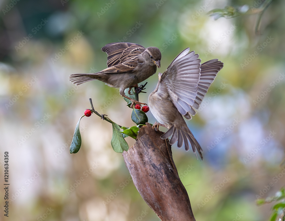 In winter, disputes over food offer excellent postures for birds, such as sparrows.