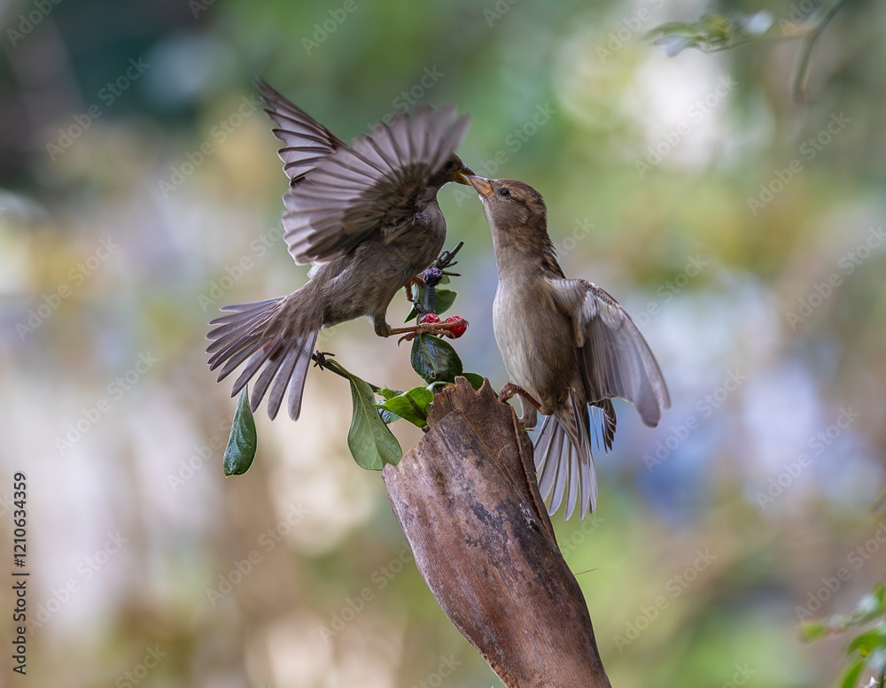 In winter, disputes over food offer excellent postures for birds, such as sparrows.