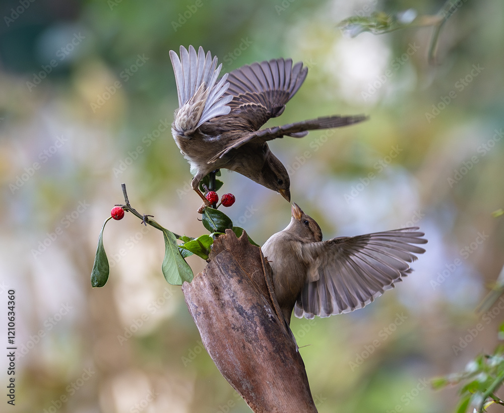 In winter, disputes over food offer excellent postures for birds, such as sparrows.
