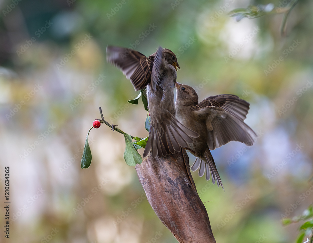 In winter, disputes over food offer excellent postures for birds, such as sparrows.