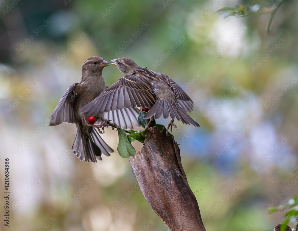 In winter, disputes over food offer excellent postures for birds, such as sparrows.