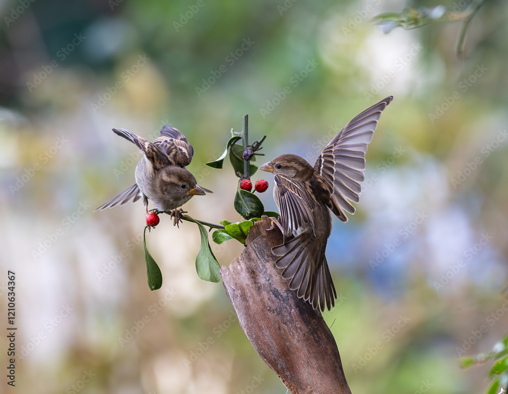 In winter, disputes over food offer excellent postures for birds, such as sparrows.