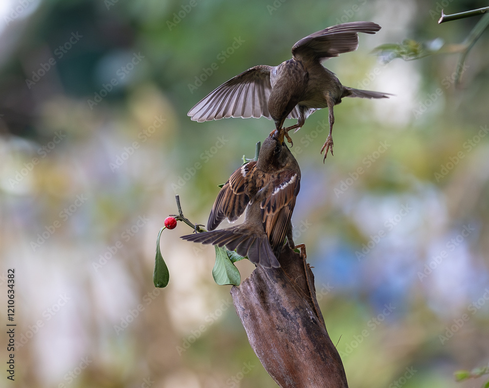In winter, disputes over food offer excellent postures for birds, such as sparrows.