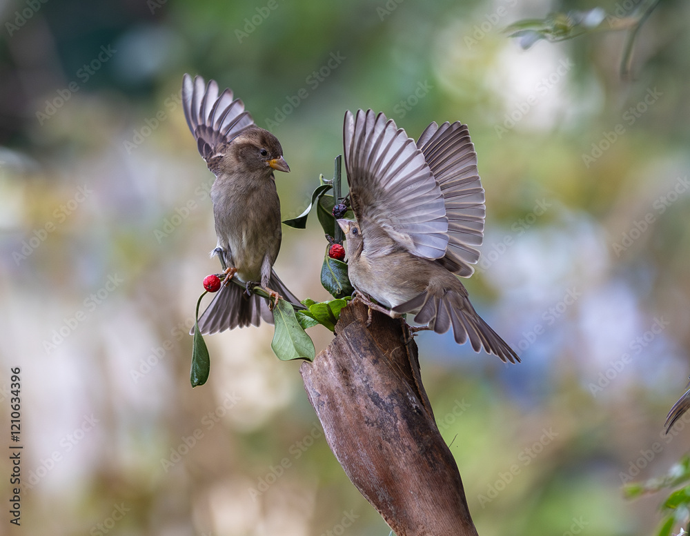 In winter, disputes over food offer excellent postures for birds, such as sparrows.