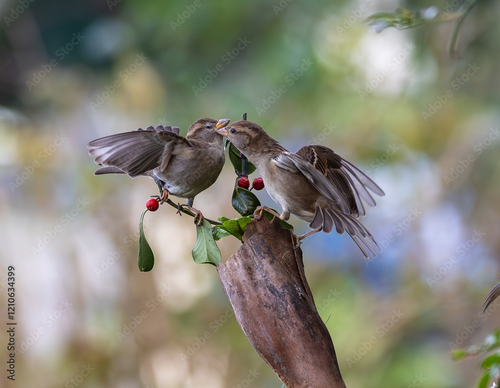 In winter, disputes over food offer excellent postures for birds, such as sparrows.