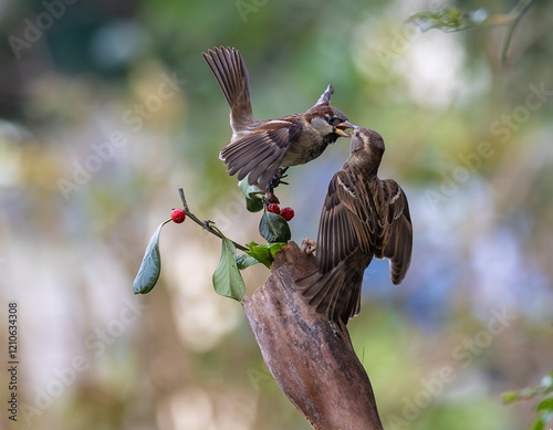 Obraz na płótnie In winter, disputes over food offer excellent postures for birds, such as sparrows. w salonie
