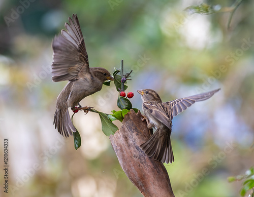 Obraz na płótnie In winter, disputes over food offer excellent postures for birds, such as sparrows. w salonie