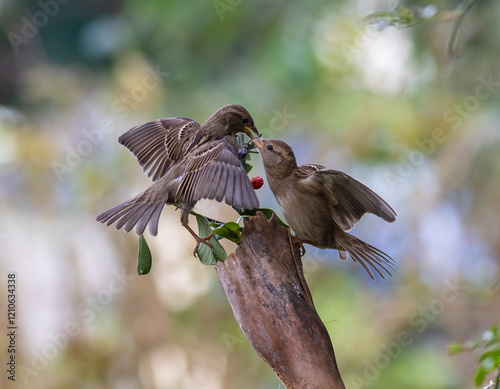 Obraz na płótnie In winter, disputes over food offer excellent postures for birds, such as sparrows. w salonie