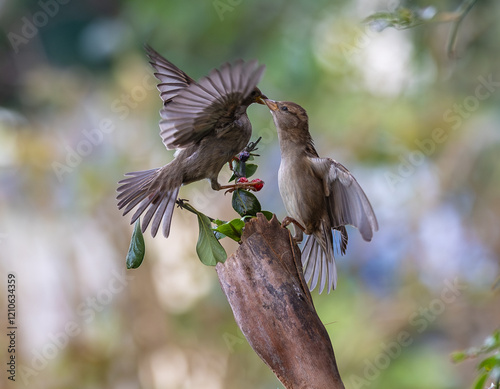 Obraz na płótnie In winter, disputes over food offer excellent postures for birds, such as sparrows. w salonie