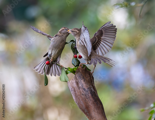 In winter, disputes over food offer excellent postures for birds, such as sparrows.