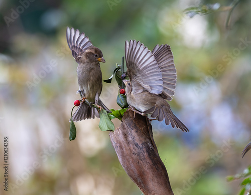 Obraz na płótnie In winter, disputes over food offer excellent postures for birds, such as sparrows. w salonie