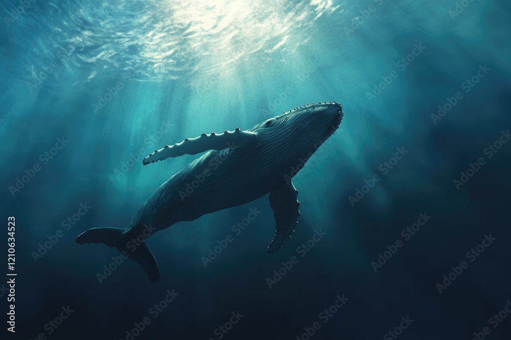 Majestic Humpback Whale Gliding Through Caribbean Waters: An Underwater Adventure in the Blue Ocean