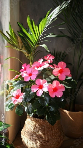 Vibrant pink flowers blooming in a lush green setting with sunlight illuminat...