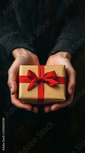 Gift wrapped with care held in hands against a dark background
