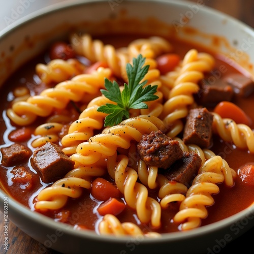 The image is a close-up of a bowl of soup. The soup appears to be a tomato-based dish with chunks of meat and vegetables mixed in. The bowl is white with a blue rim and is sitting on a wooden table. photo